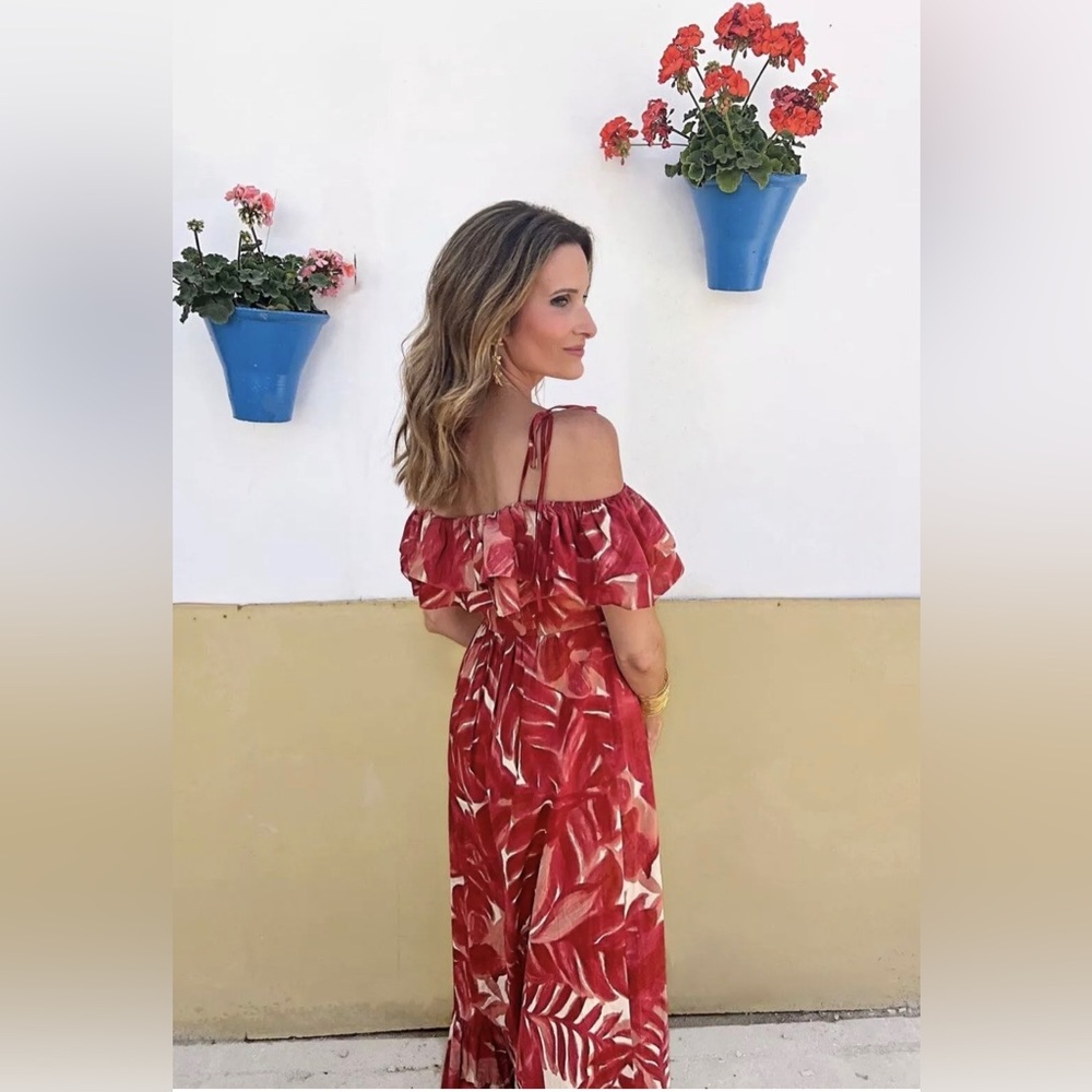 NWT Zara Printed Floral Red Cream Maxi Dress Bloggers Favorite L - Picture 12 of 16